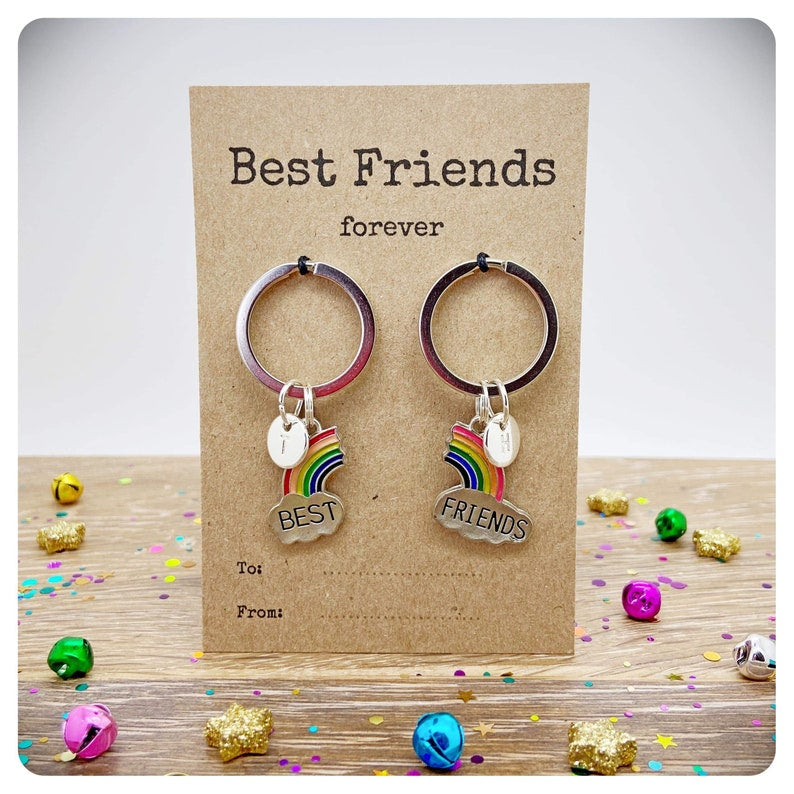 Best Friends Forever Double Keychain, One For You One For Me Rainbow Keyrings, 2 BFF Matching Rainbow Bag Charms, Kids Friendship Gift Card