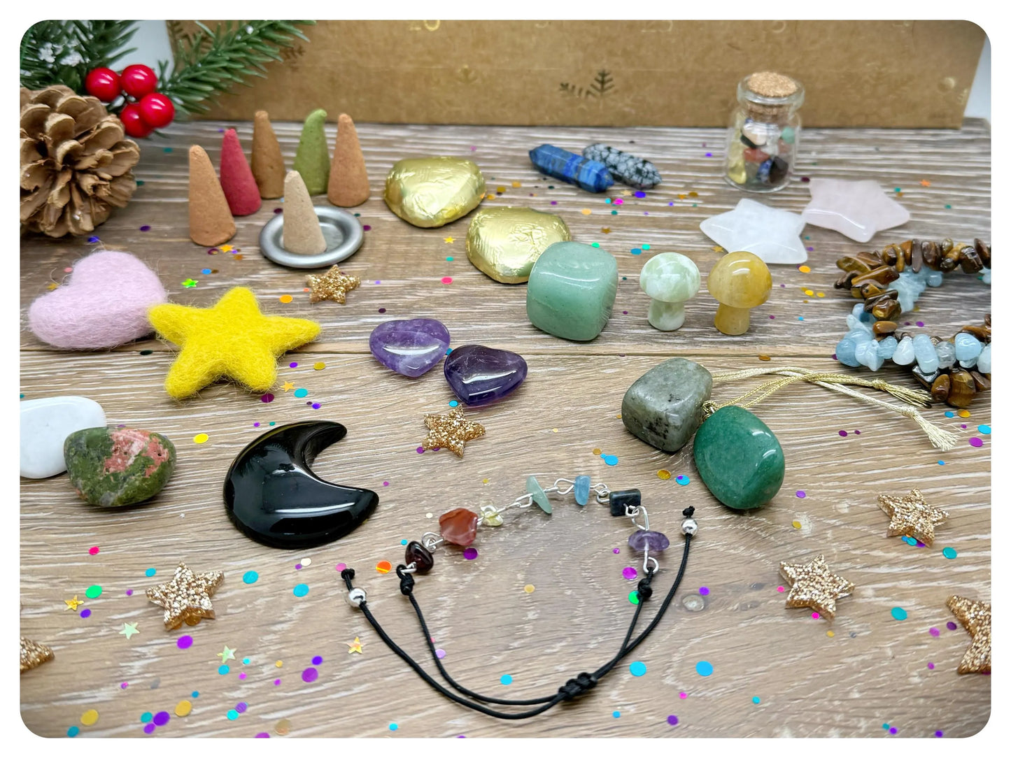 Luxury 24 Day Crystal Treats Advent Calendar, Delux Gemstone Lover Christmas Countdown Calendar Mushrooms Carvings Tumblestones