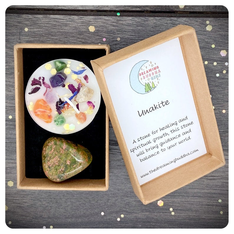 Unakite Tumbled Gemstone & Candle Gift Set