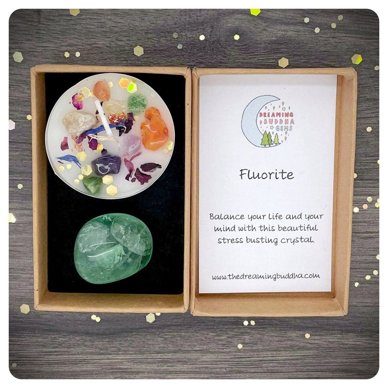 Fluorite Tumbled Stone Gift With Crystal Tea Light