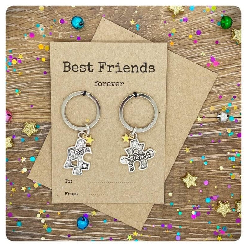 2 Jigsaw Best Friends Keyrings, Best Friends Forever Keychain Set, Personalised BFF Gift, Two Puzzle Friendship Key Rings