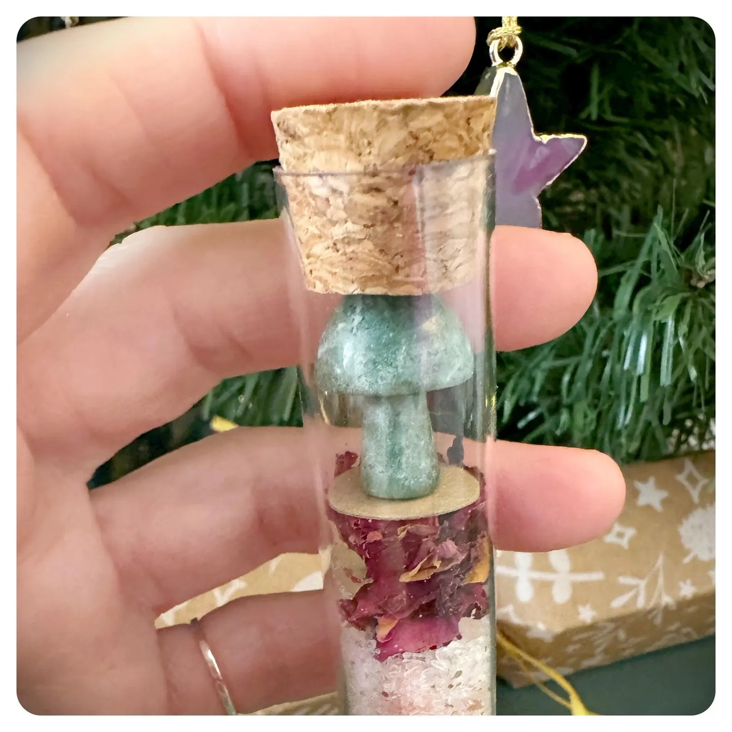 Christmas Crystal Infused Bath Salt Stocking Filler Gift, Secret Santa Thank you Mushroom Gemstone Pamper Test Tube Yule Bath Soak