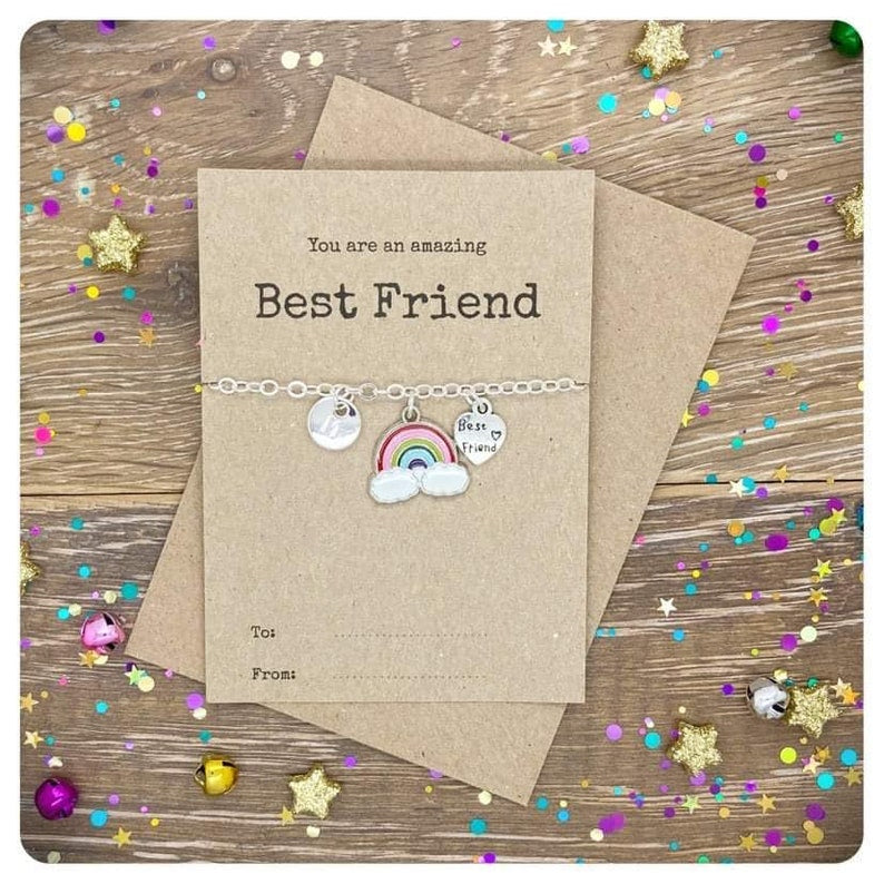 School Best Friend Rainbow Necklace, BFF Birthday Gift, Friendship Thank You Card, Personalised Bestie Jewellery