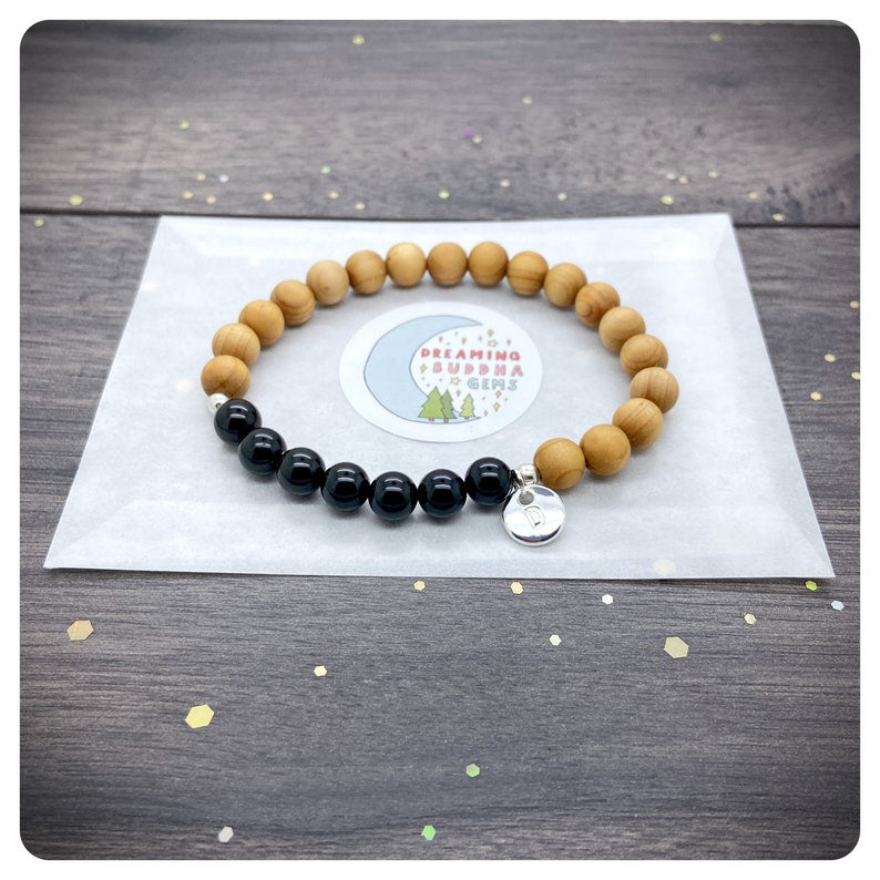 Cedar Wood Bracelet, Personalised Black Tourmaline Bracelet, Fathers Day Gift, Thank You Dad Card
