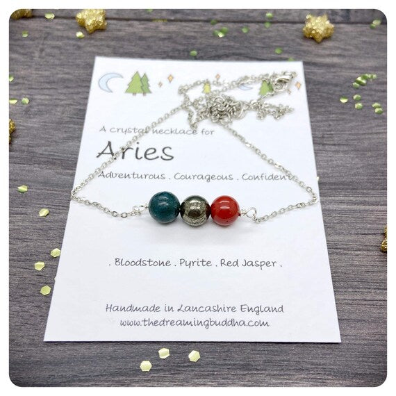 Aries Necklace, Birthday Crystal Pendant, March April Gemstones, Personalised Zodiac Necklace, Handmade Star Sign Jewellery, Silver Plated