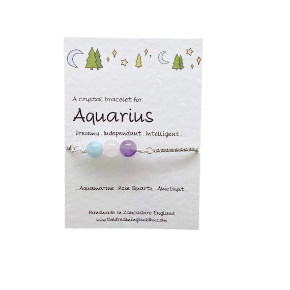 Aquarius Crystal Bracelet, Personalised Zodiac Postal Gift, Adjustable Snake Chain, January Birthday Gift, Zodiac Crystal Bracelet