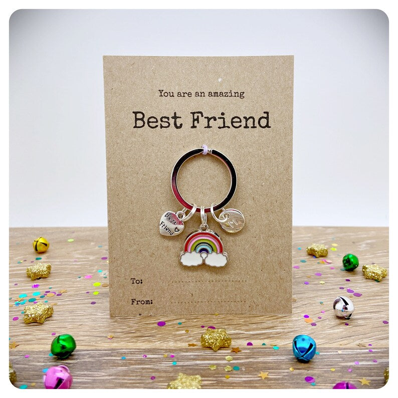 Best Friend Matching Necklace and Keyring Set, You Are An Amazing Friend Present, Rainbow Friendship Gift, Best Friend Birthday Postal Gift