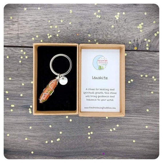 Unakite Crystal Point Keyring, Handmade Wire Wrapped Keychain, Unisex Unakite Gift, Unakite Gift Box , Hand Wrapped Crystal Point