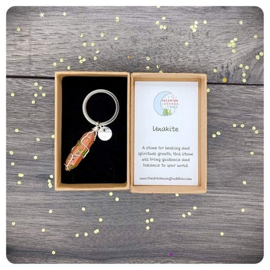 Unakite Crystal Point Keyring, Handmade Wire Wrapped Keychain, Unisex Unakite Gift, Unakite Gift Box , Hand Wrapped Crystal Point