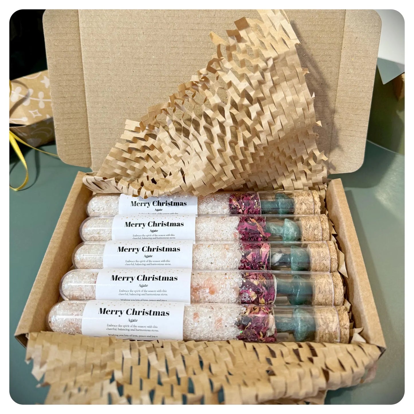 Christmas Crystal Infused Bath Salt Stocking Filler Gift, Secret Santa Thank you Mushroom Gemstone Pamper Test Tube Yule Bath Soak