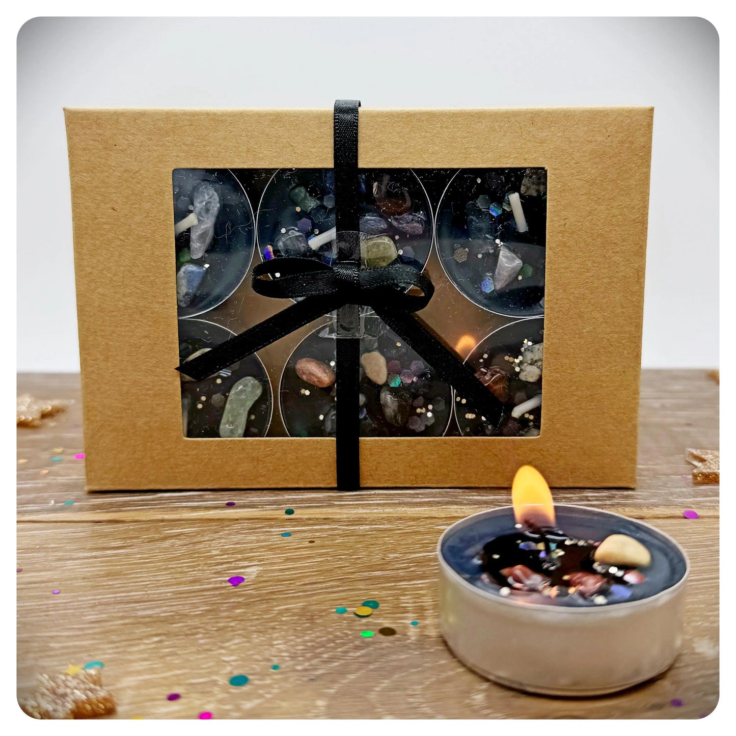 Witchy Tealights With Crystals & Glitter, Pack of 6 Small Gift Boxed Candle Tea Light Set For Spell Work Intentions And Decoration
