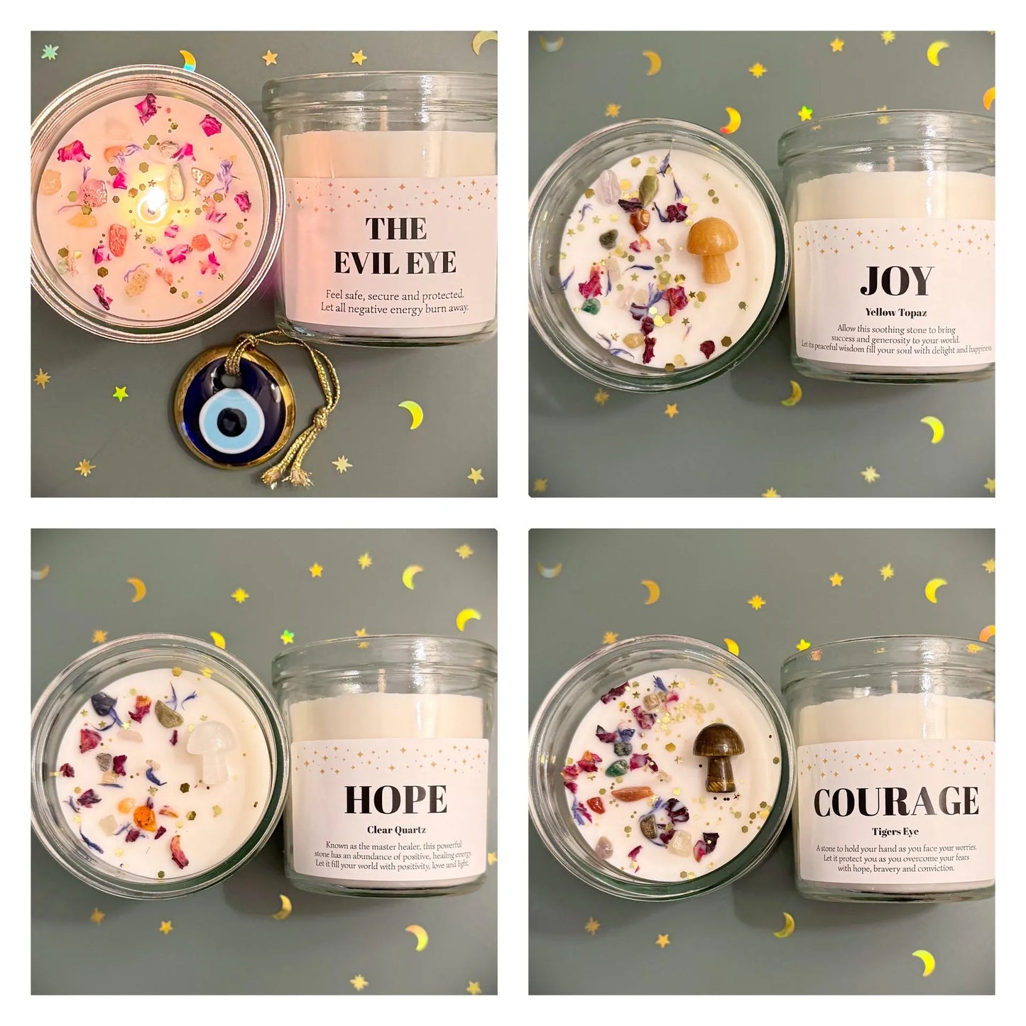 Crystal Mushroom Candle With Personalised Lid For Birthday Christmas Joy Hope Love Magic Courage Support Relax Luck Sleep Evil Eye Gift