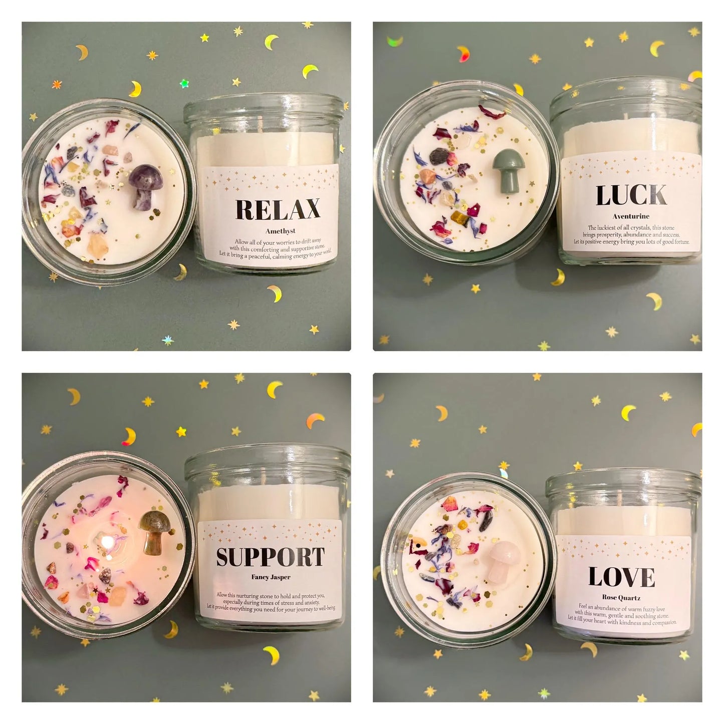 Crystal Mushroom Candle With Personalised Lid For Birthday Christmas Joy Hope Love Magic Courage Support Relax Luck Sleep Evil Eye Gift