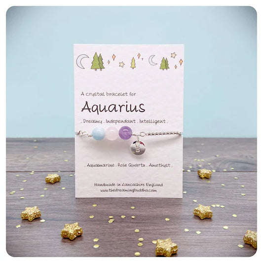 Aquarius Crystal Bracelet, Personalised Zodiac Postal Gift, Adjustable Snake Chain, January Birthday Gift, Zodiac Crystal Bracelet
