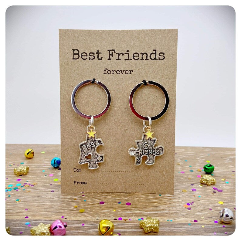 2 Jigsaw Best Friends Keyrings, Best Friends Forever Keychain Set, Personalised BFF Gift, Two Puzzle Friendship Key Rings