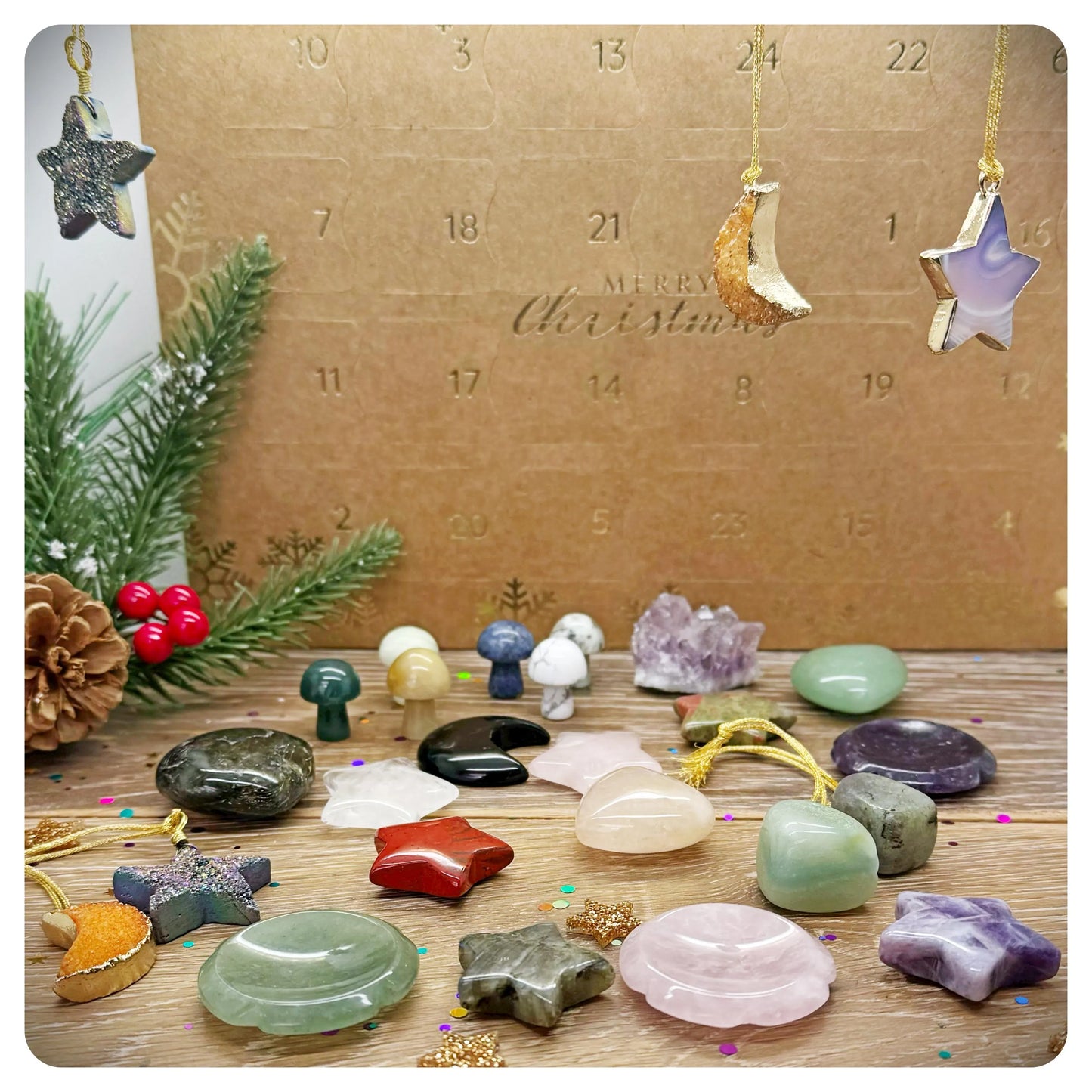 Luxury Carved Crystal 24 Day Advent Calendar Vegan Christmas Gift, Gemstone Carving Crystal Lover Gift Unique Mushrooms Stars