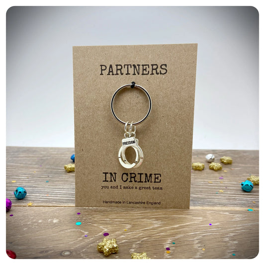 Partners In Crime Keyring Card, Handcuff Keychain, Personalised Best Friend Keyring Bag Charm, Partners In Crime Gift, Handmade Keyring Gift