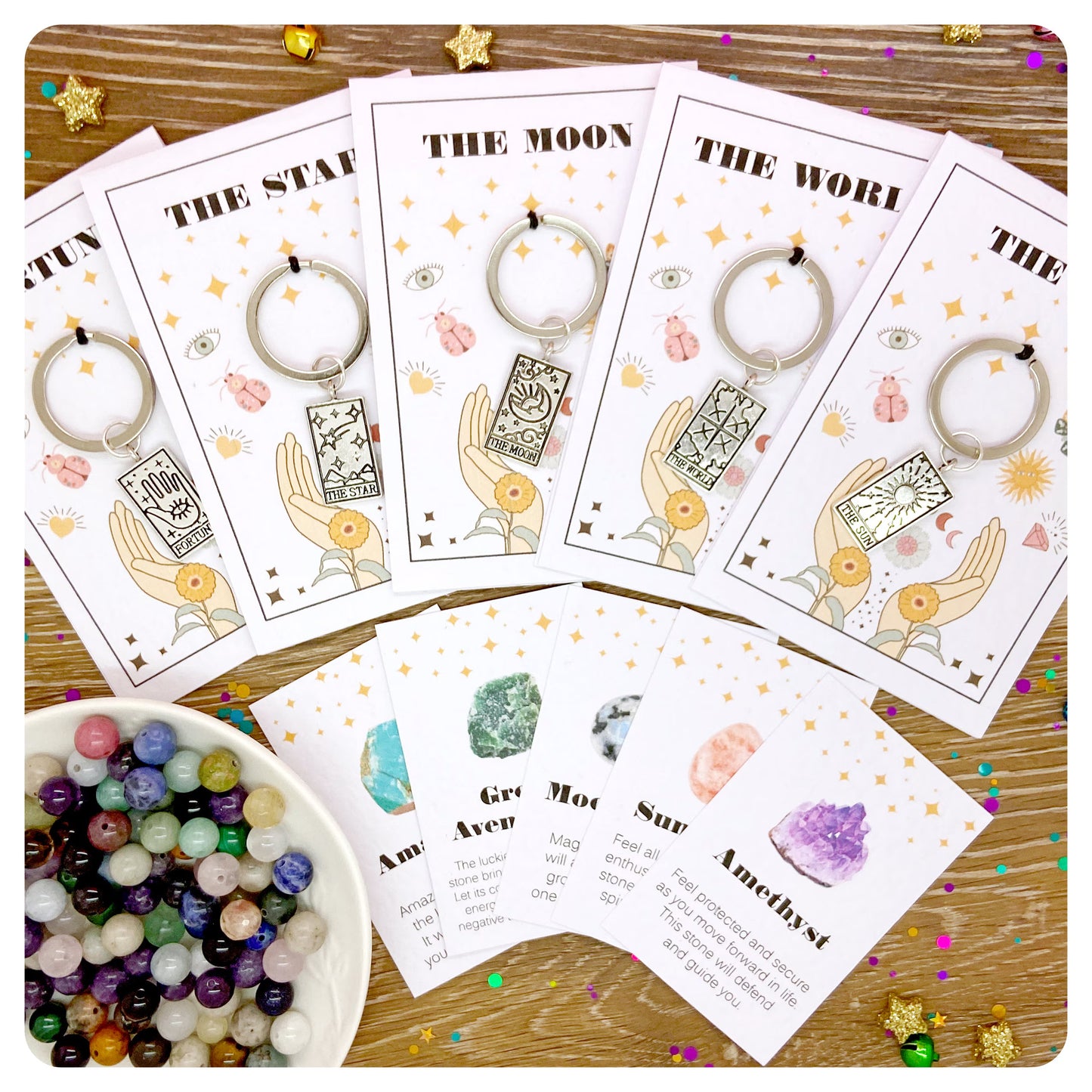 Tarot Card Keyring, Personalised Tarot Gift, Mystic Crystal Keychain, Astrology Good Luck Charm, Celestial Keyring