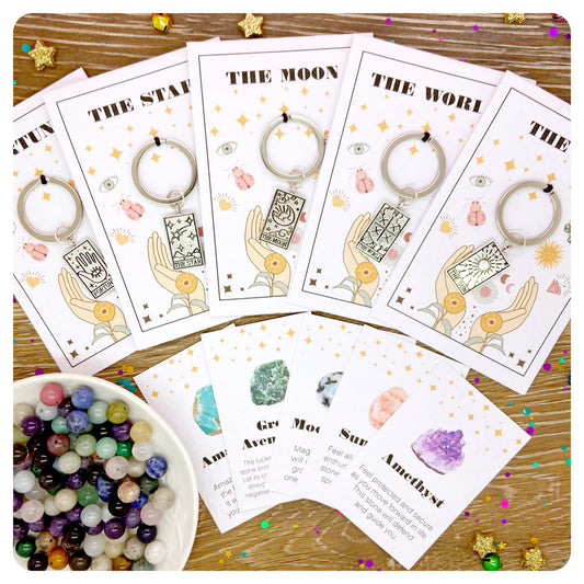 Tarot Card Keyring, Personalised Tarot Gift, Mystic Crystal Keychain, Astrology Good Luck Charm, Celestial Keyring