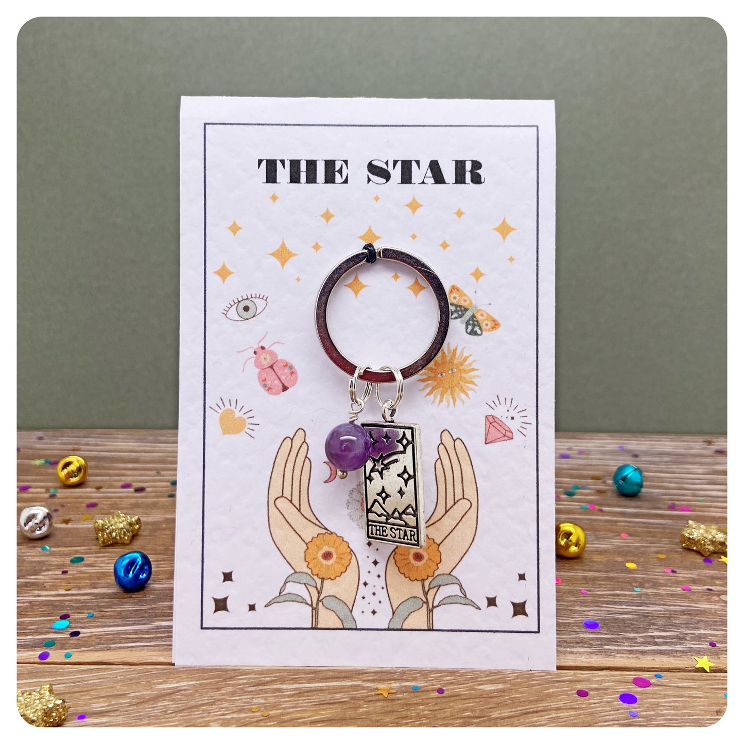 Tarot Card Keyring, Personalised Tarot Gift, Mystic Crystal Keychain, Astrology Good Luck Charm, Celestial Keyring