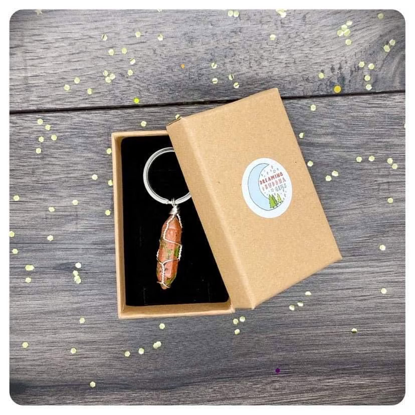 Unakite Crystal Keyring in Gift Box, Wire Wrapped Gemstone Keychain, Crystal For Fertility Inner Peace & Calm, Stress and Anxiety Gift