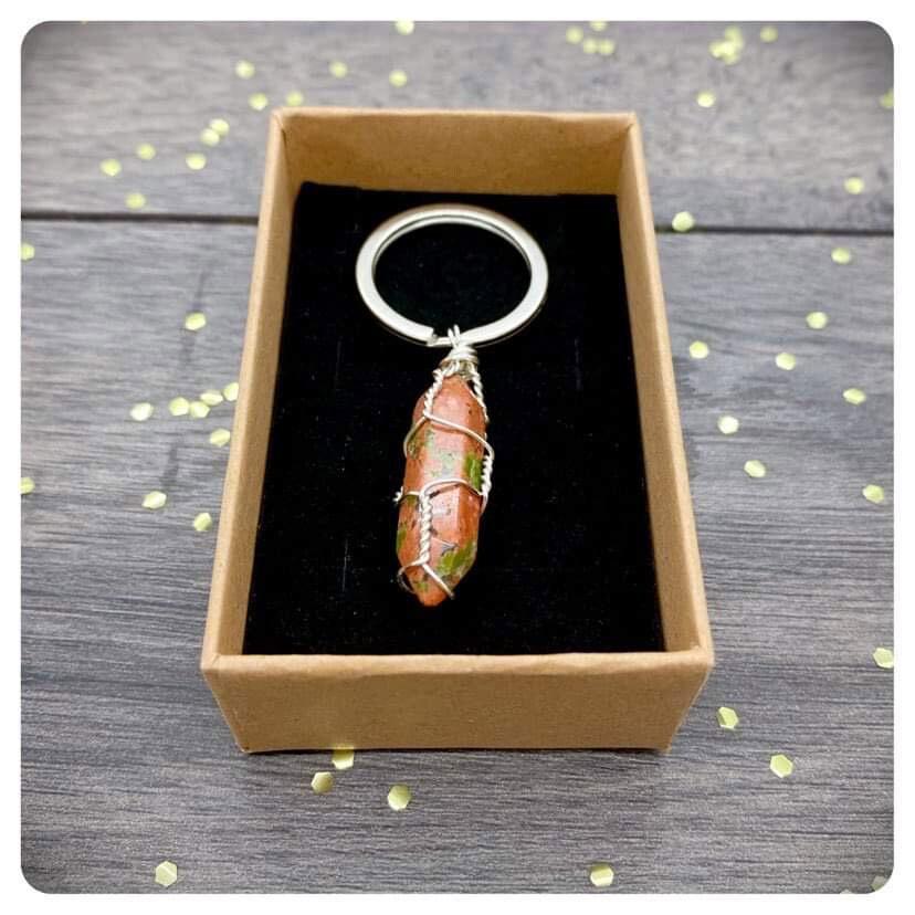 Unakite Crystal Keyring in Gift Box, Wire Wrapped Gemstone Keychain, Crystal For Fertility Inner Peace & Calm, Stress and Anxiety Gift
