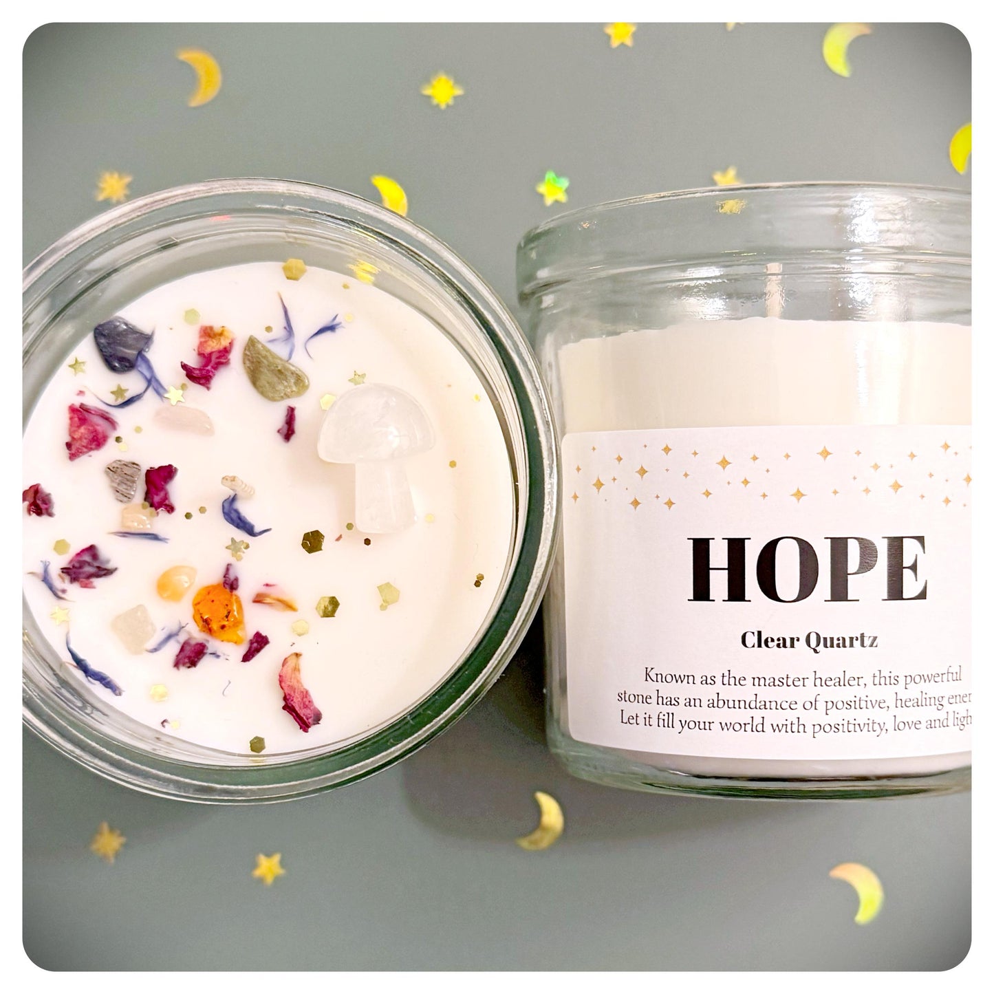 Personalised Hope Candle With Clear Quartz Crystal Mushroom, Supportive Thinking Of You Gift, Keep Going, Grief Loss Healing Gemstone