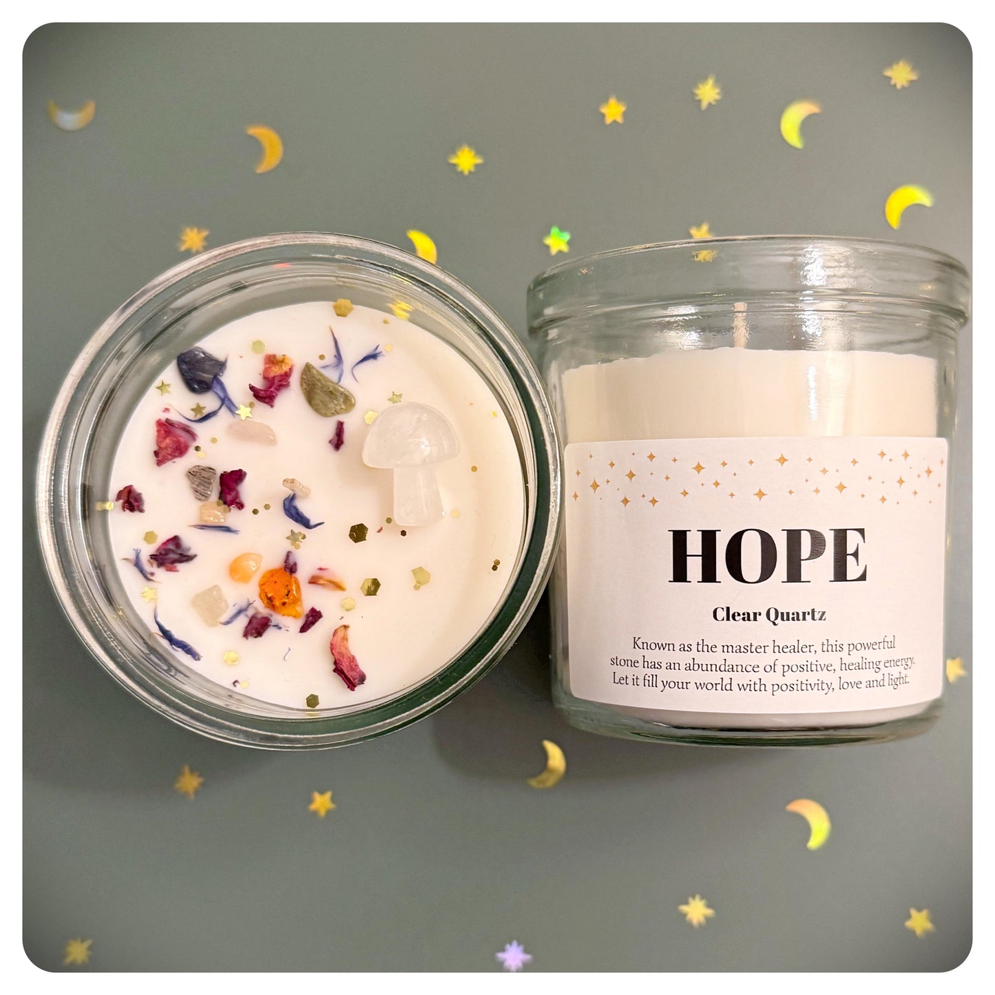 Personalised Hope Candle With Clear Quartz Crystal Mushroom, Supportive Thinking Of You Gift, Keep Going, Grief Loss Healing Gemstone