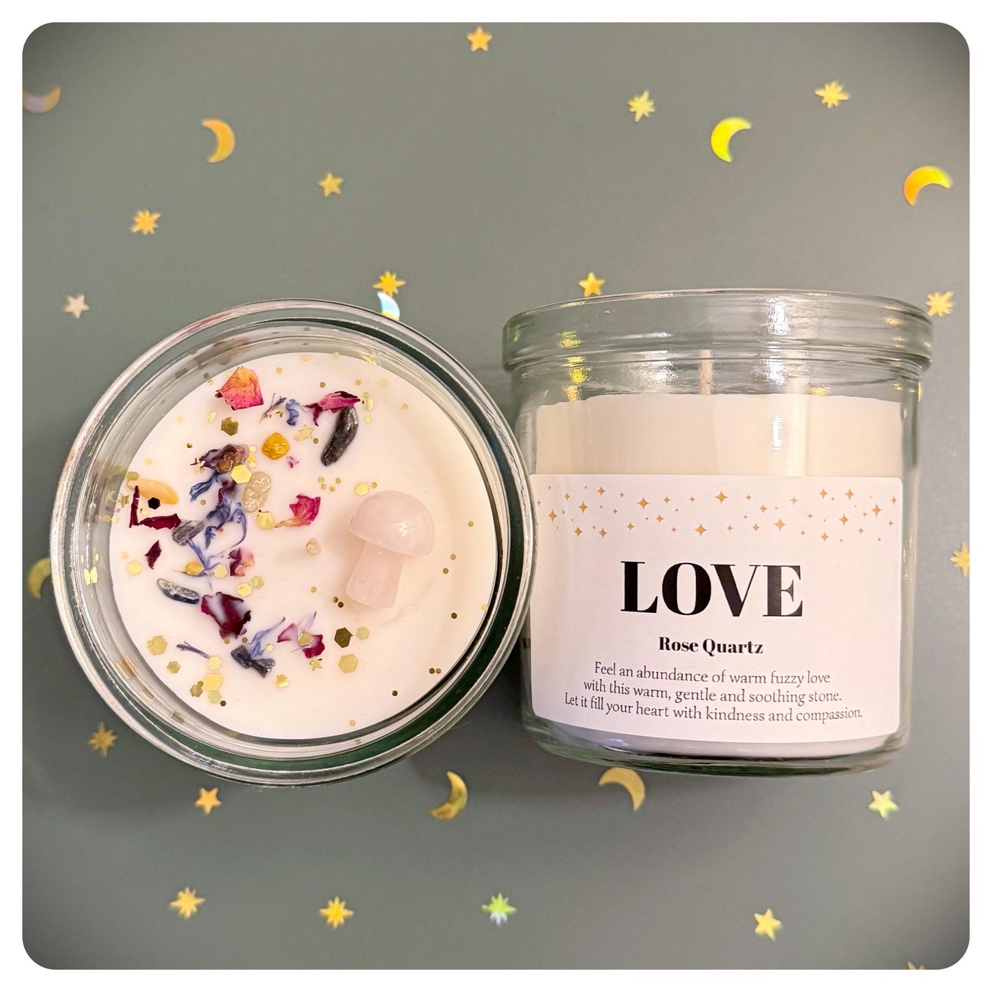 Love Rose Quartz Crystal Mushroom Candle, Personalised Handmade Thinking Of You Self Care Gift For Birthday Christmas Or Valentines Day