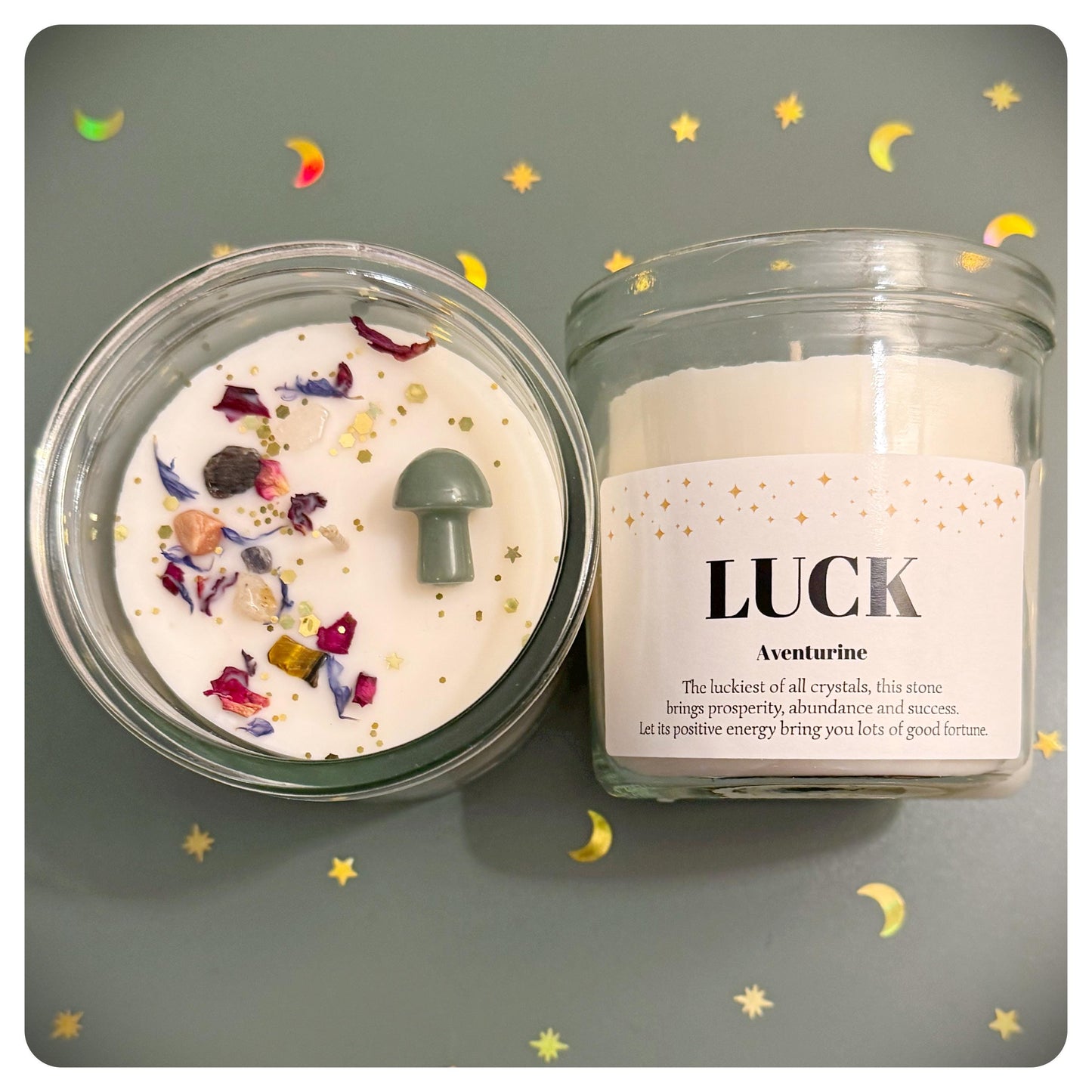 Personalised Good Luck Gift Candle With Lucky Aventurine Crystal For Prosperity Abundance And Success For New Job Exams New Beginnings