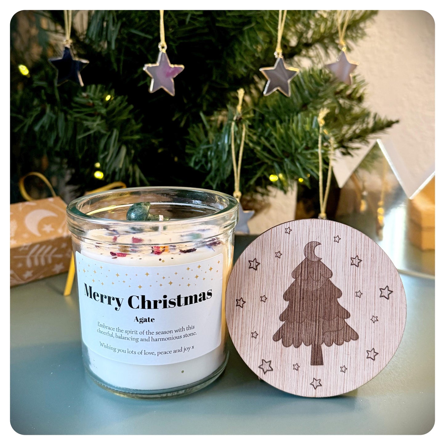 Personalised Christmas Crystal Candle Natural Crystal Mushroom Gift, Gemstone Candle Gift For Mum Friend Festive Home Decor Present