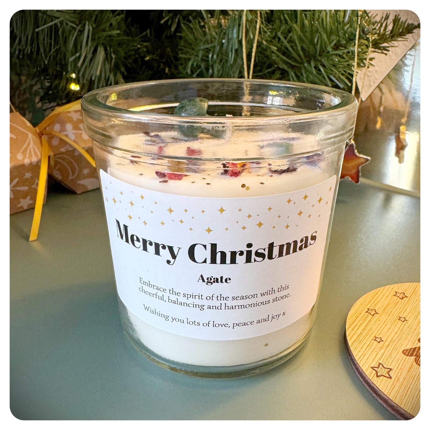 Personalised Christmas Crystal Candle Natural Crystal Mushroom Gift, Gemstone Candle Gift For Mum Friend Festive Home Decor Present