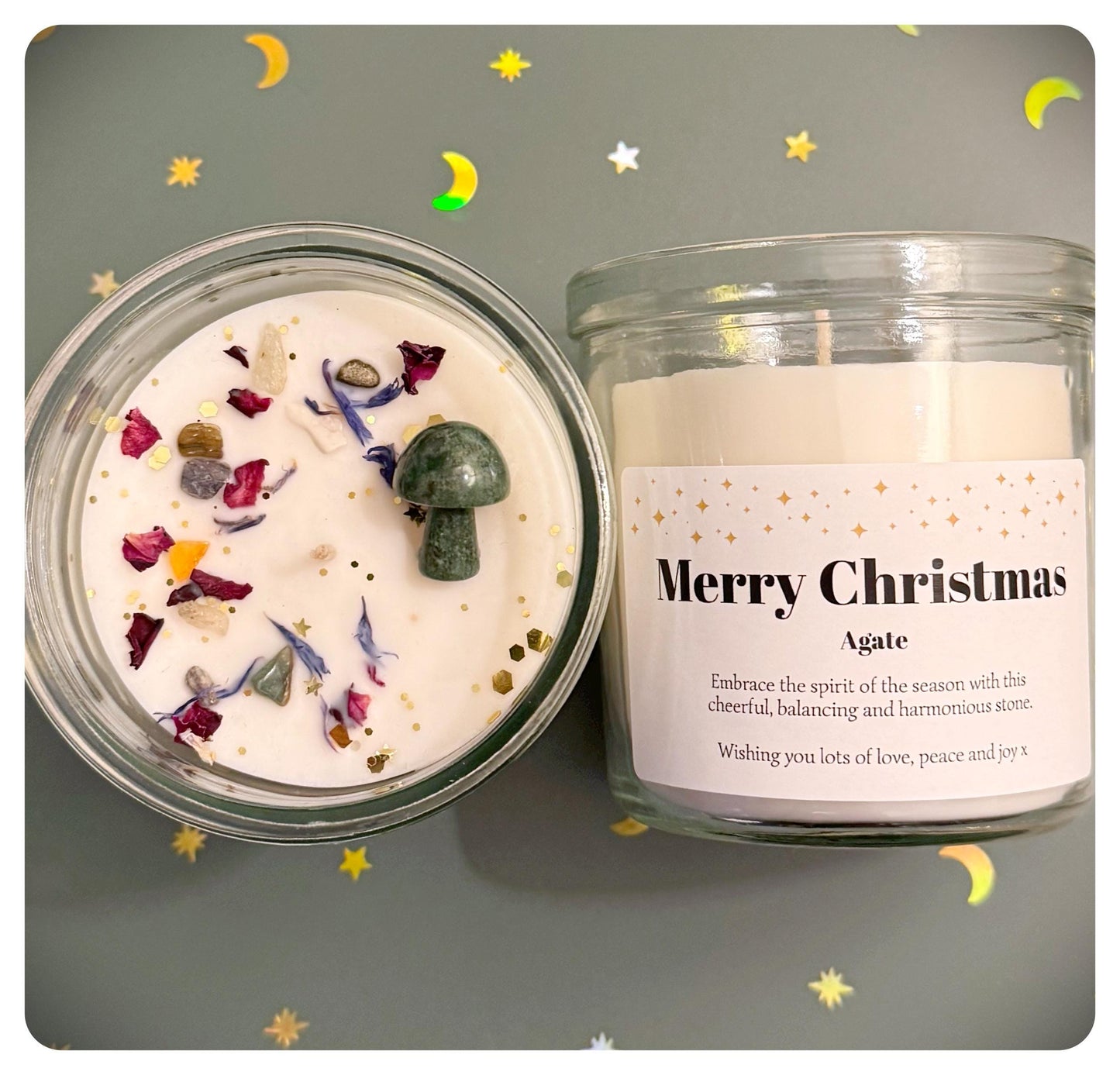 Personalised Christmas Crystal Candle Natural Crystal Mushroom Gift, Gemstone Candle Gift For Mum Friend Festive Home Decor Present