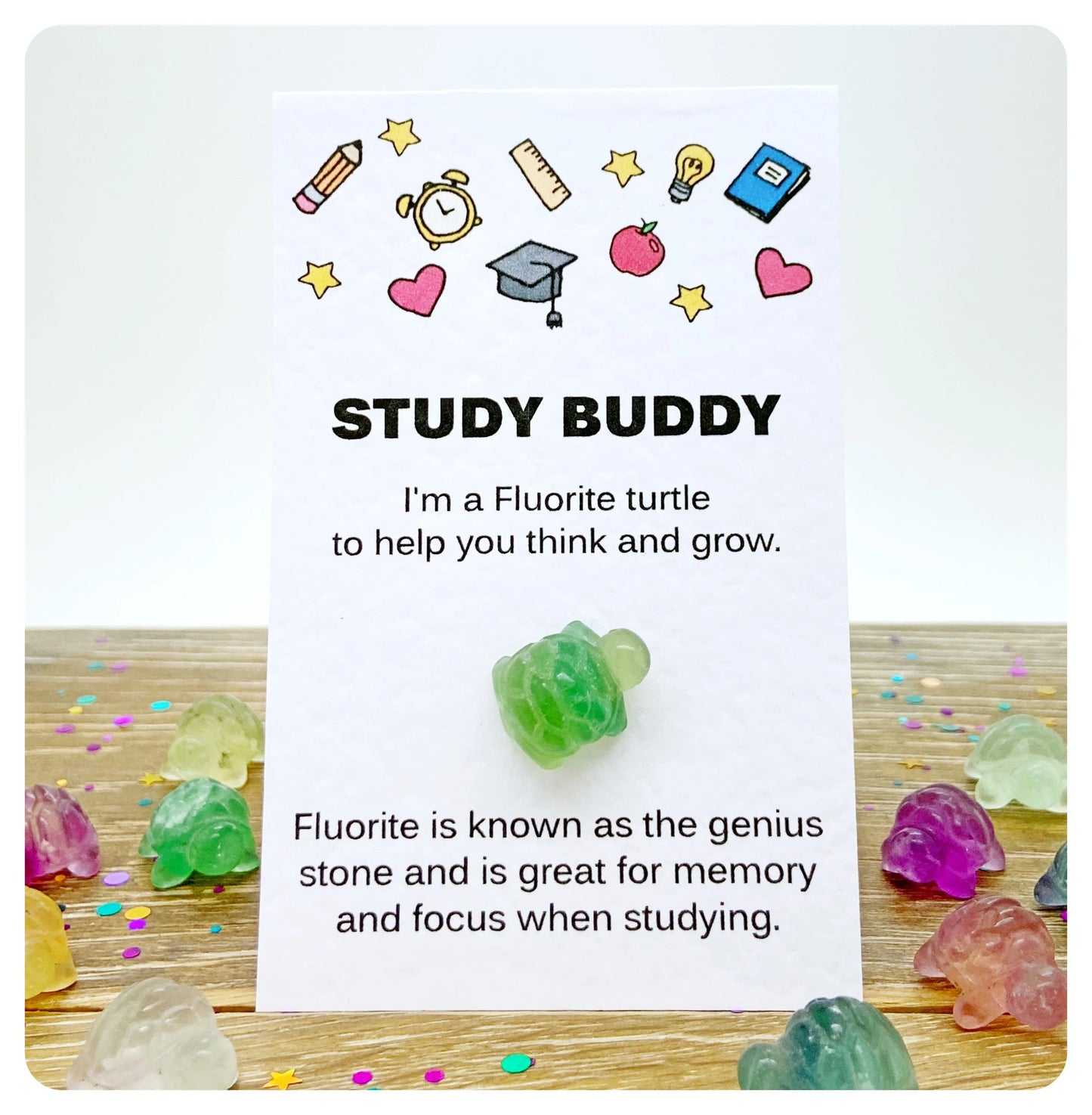 Student Good Luck Charm, Crystal Revision Aid, Exam Focus Gift, Fluorite Gemstone Turtle, Study Buddy Greeting Card