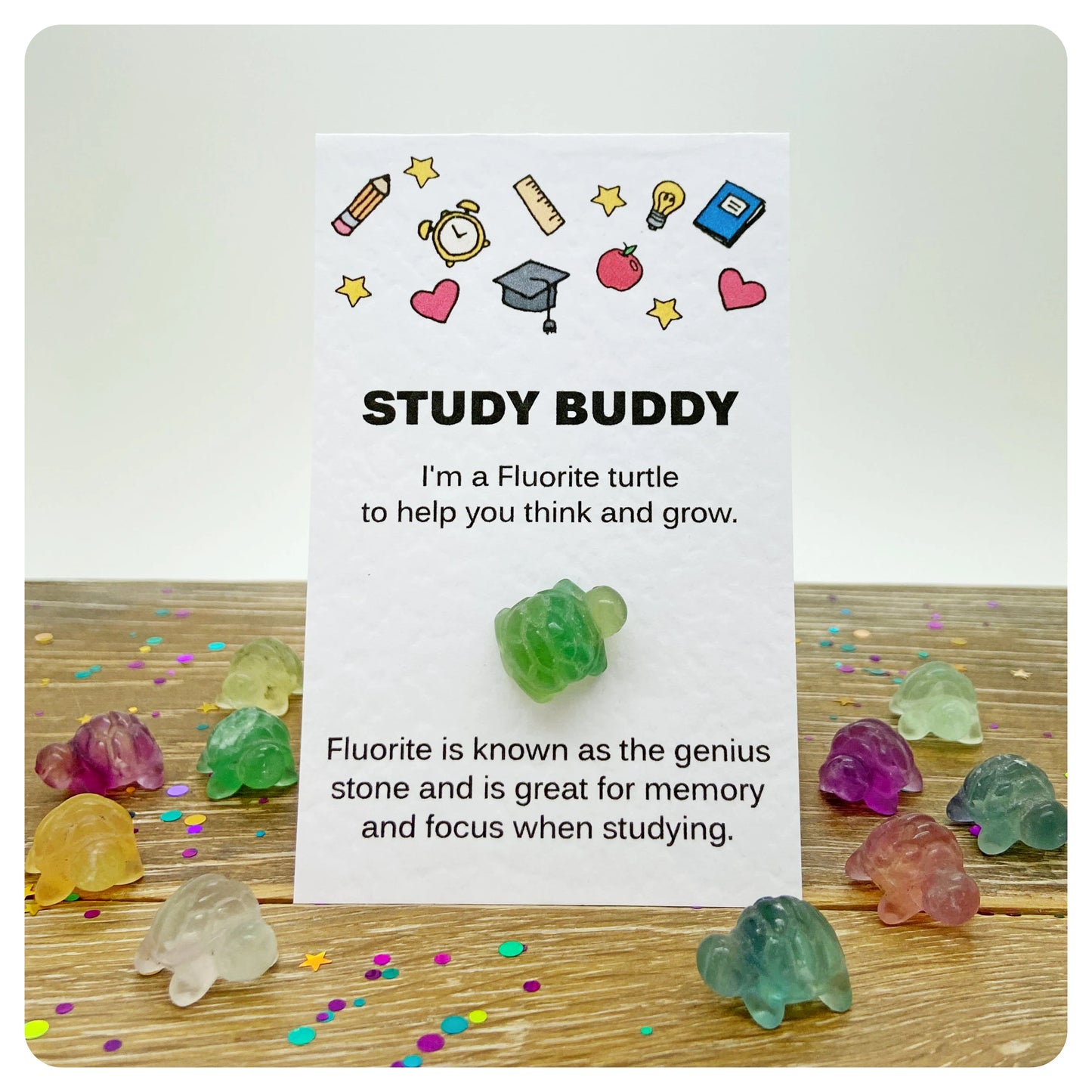 Student Good Luck Charm, Crystal Revision Aid, Exam Focus Gift, Fluorite Gemstone Turtle, Study Buddy Greeting Card