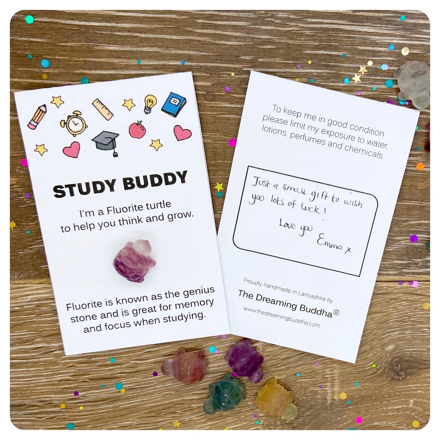 Student Good Luck Charm, Crystal Revision Aid, Exam Focus Gift, Fluorite Gemstone Turtle, Study Buddy Greeting Card
