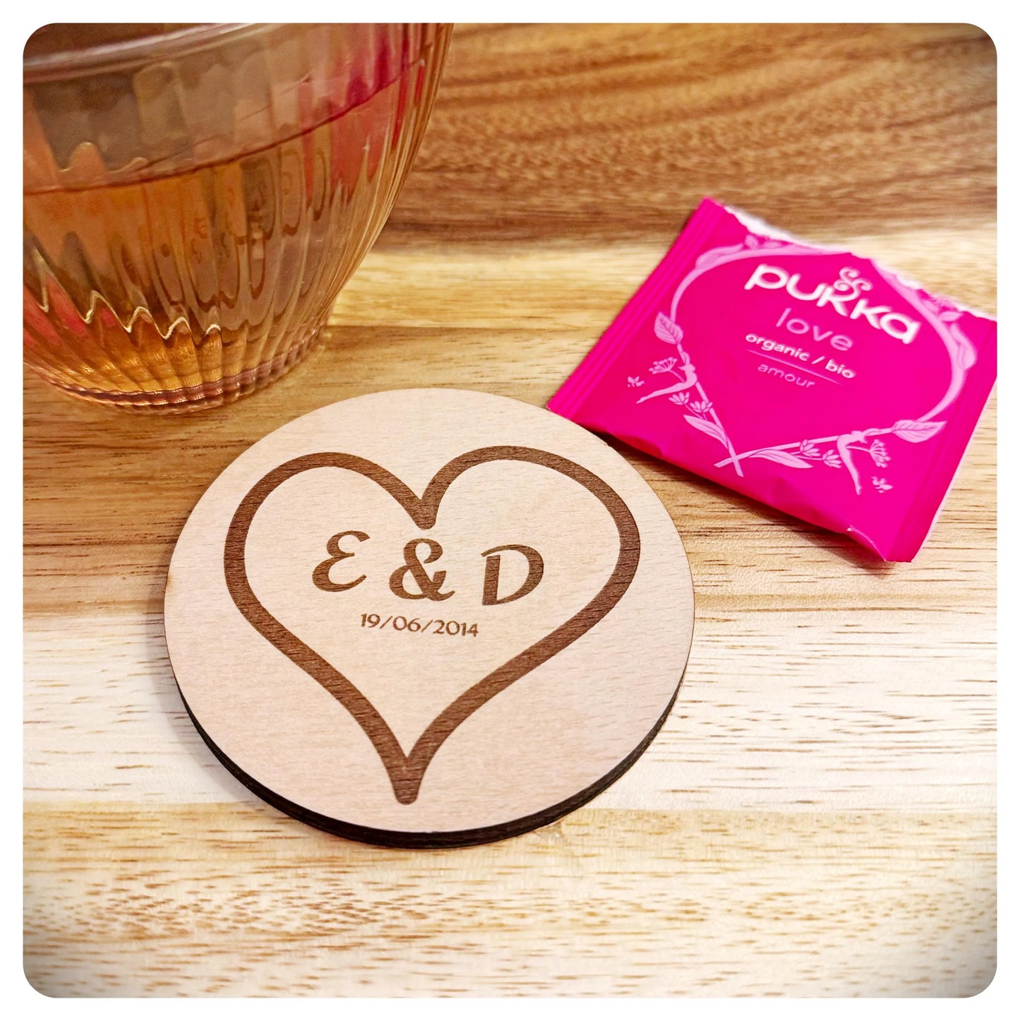 Wooden Carved Heart Coaster With His Hers Initials, Personalised Couples Valentines Love You Engraved Coaster Wedding Favour Gifts