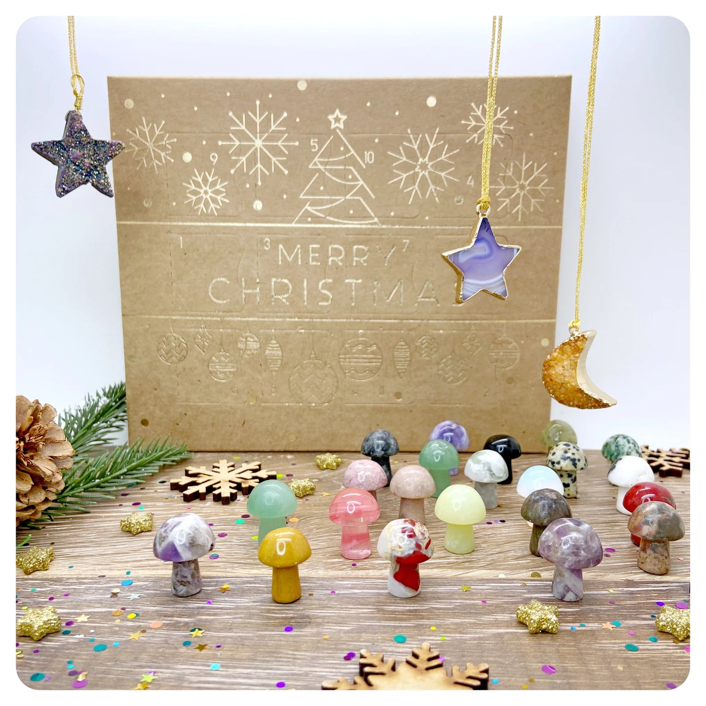 Christmas Crystal Gift Box, 12 Pcs Crystal Mushroom Wrapped Surprises, Beginner Gemstone Xmas Eve Present Twelve Days
