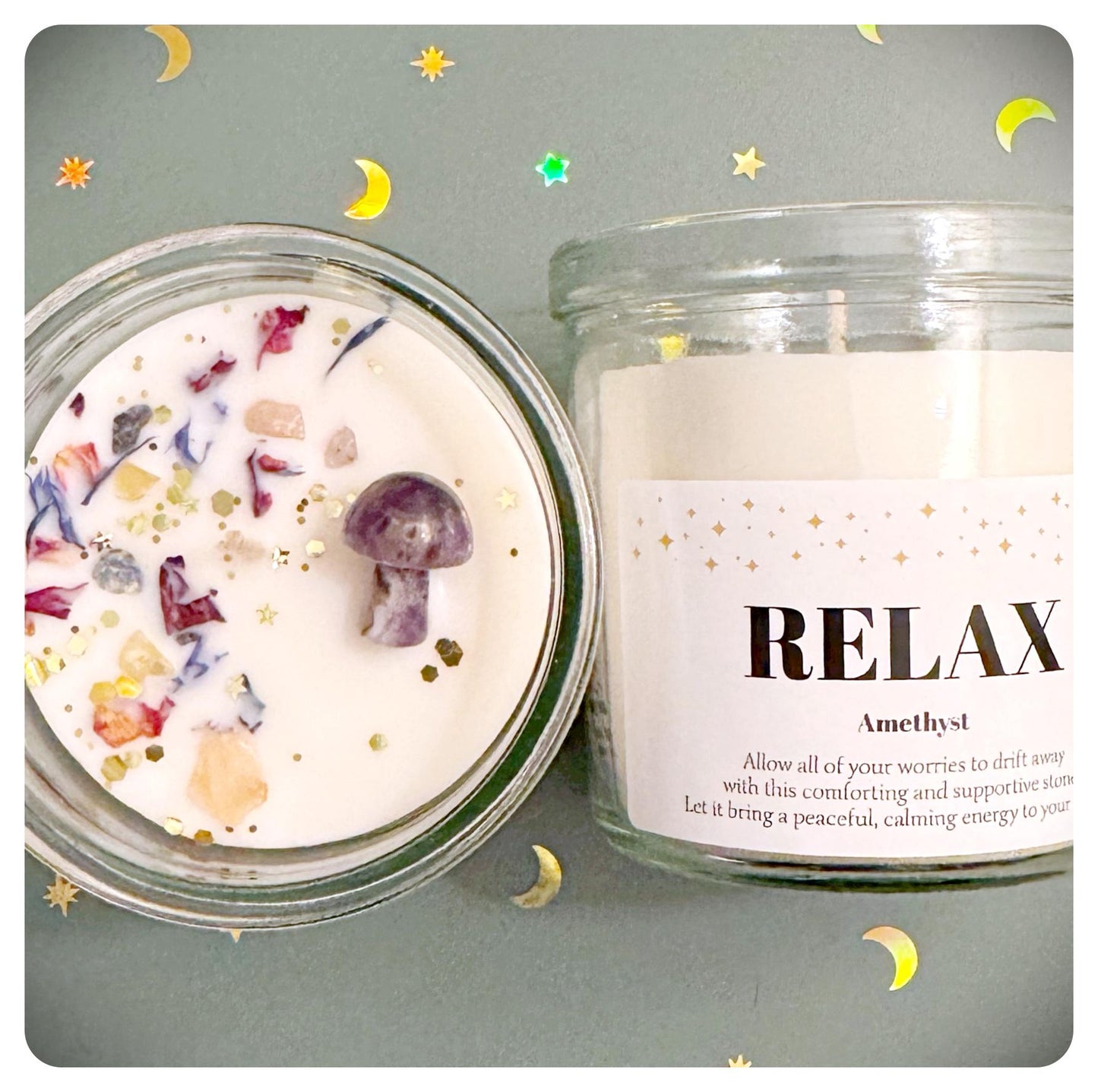Amethyst Crystal Mushroom Candle For Relaxation Personalised Stress Anxiety Gift For Her, Self Love Calming Gemstone