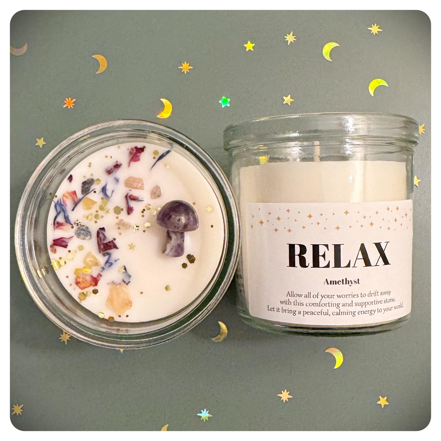 Amethyst Crystal Mushroom Candle For Relaxation Personalised Stress Anxiety Gift For Her, Self Love Calming Gemstone