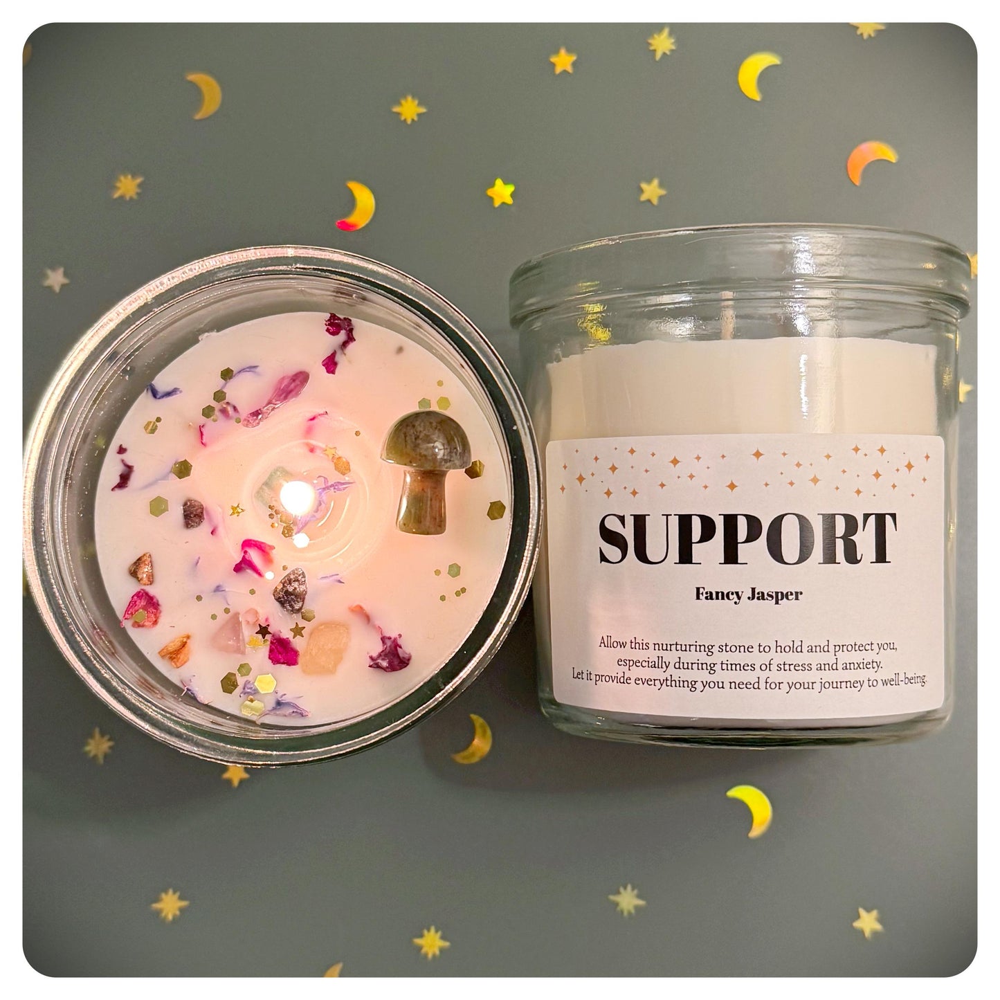 Support Crystal Candle Gift For Anxiety And Stress, Personalised Message Lid, Comforting And Protective Gemstone For Anxious Friend