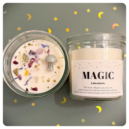 Magical Crystal Candle With Labradorite Mushroom, Witchy Christmas Birthday Gift For Intention Spell Spiritual Gift