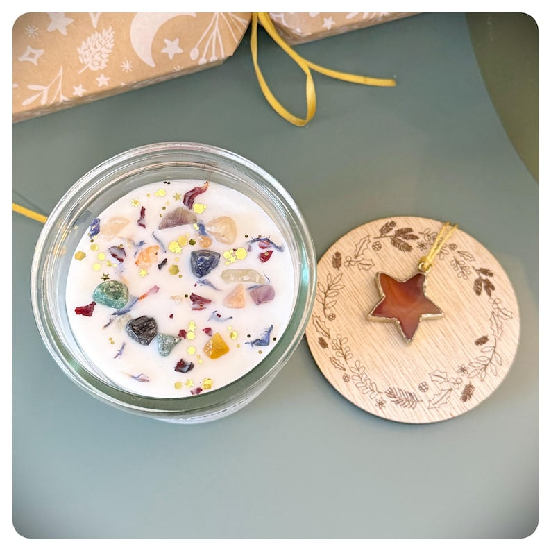 Merry Christmas Crystal Candle With Agate Gold Star Bauble Hanging Decoration, Personalised Xmas Gift For Mum Friend Colleague