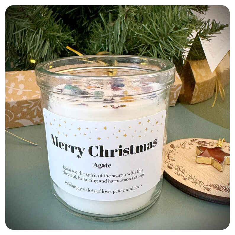 Merry Christmas Crystal Candle With Agate Gold Star Bauble Hanging Decoration, Personalised Xmas Gift For Mum Friend Colleague