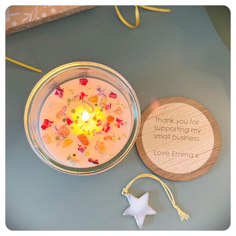 Merry Christmas Crystal Candle With Agate Gold Star Bauble Hanging Decoration, Personalised Xmas Gift For Mum Friend Colleague