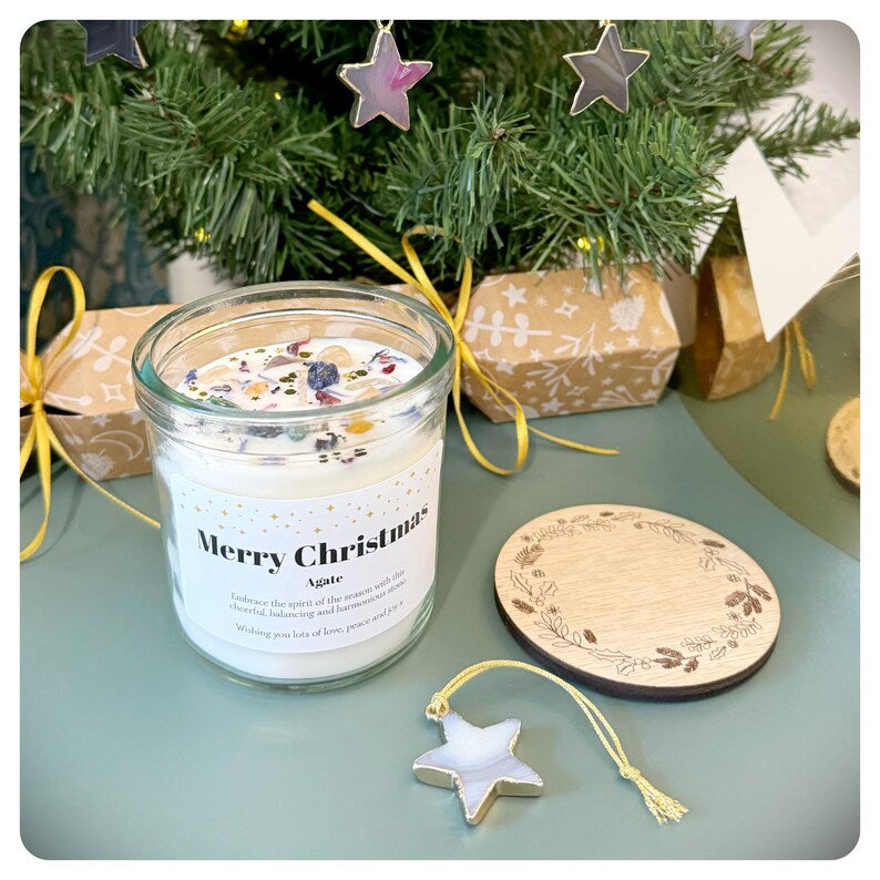 Merry Christmas Crystal Candle With Agate Gold Star Bauble Hanging Decoration, Personalised Xmas Gift For Mum Friend Colleague