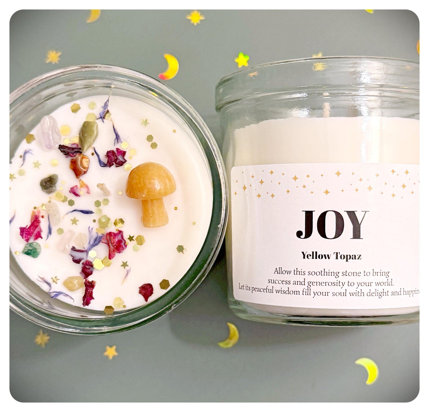 Joy Crystal Mushroom Candle Personalised Positivity Yellow Topaz Gemstone For Birthday Happiness, Success Personalised Christmas Gift