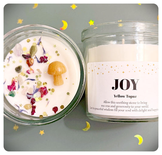 Joy Crystal Mushroom Candle Personalised Positivity Yellow Topaz Gemstone For Birthday Happiness, Success Personalised Christmas Gift
