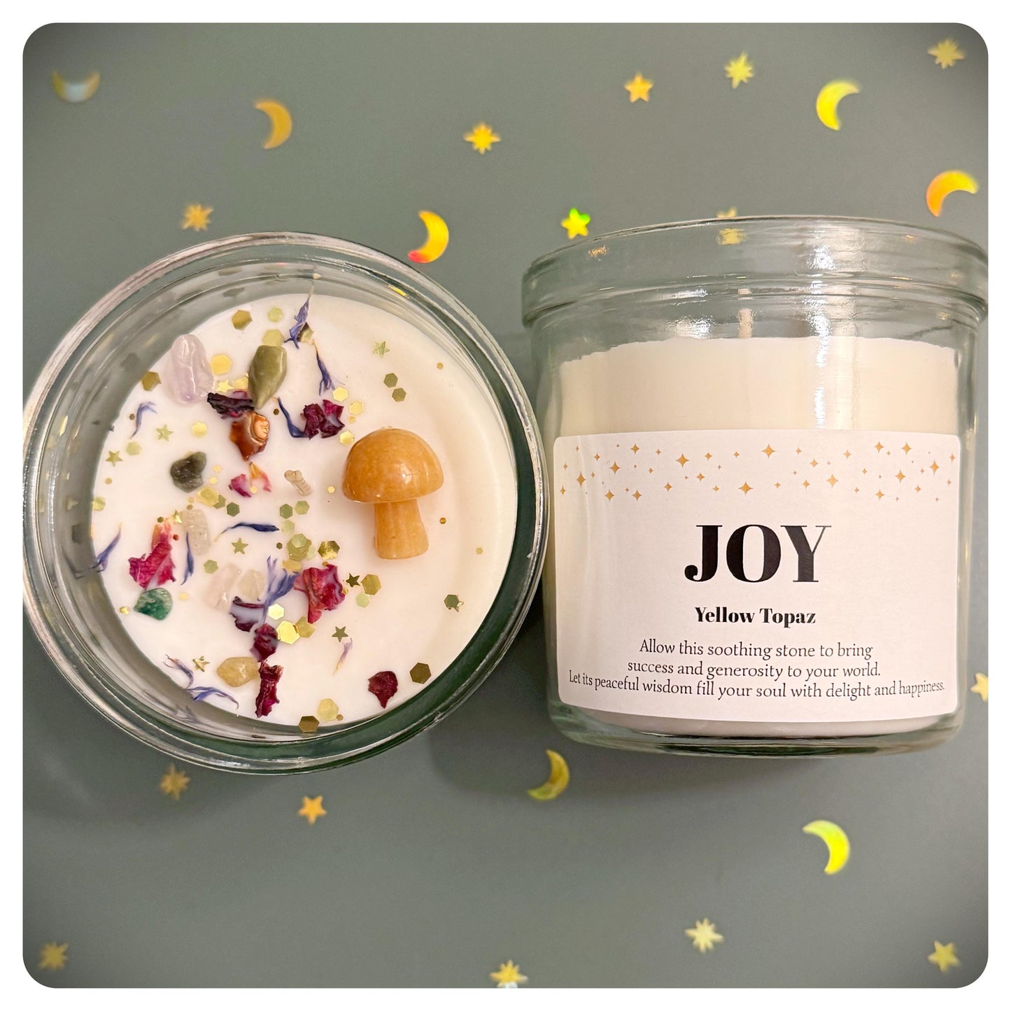 Joy Crystal Mushroom Candle Personalised Positivity Yellow Topaz Gemstone For Birthday Happiness, Success Personalised Christmas Gift