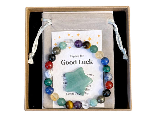 Handmade Crystal Good Luck Beaded Bracelet, Personalised Lucky Gift In Gift Box With Crystal Star, Storage Pouch and Informational cards.
